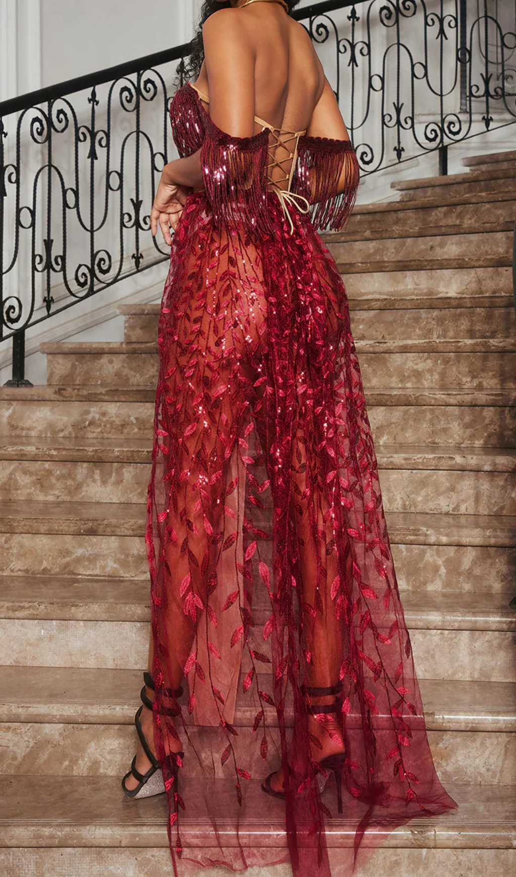 Flowering Girl Women belen Codruta Strapless Leafy Fringe Maxi Dress In Wine