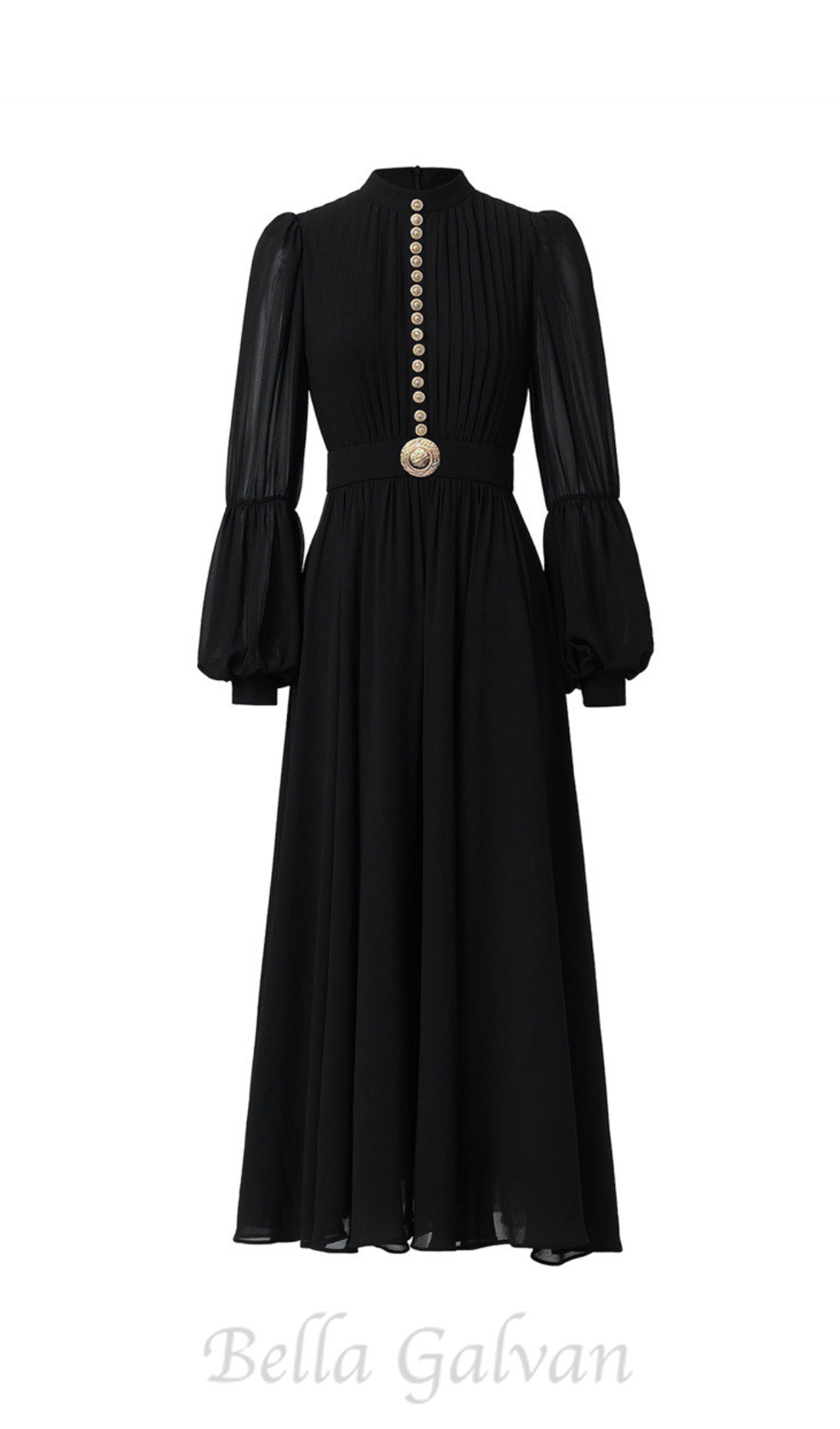 Flowering Girl Women Lantern sleeve silk midi dress in black