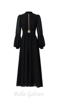 Flowering Girl Women Lantern sleeve silk midi dress in black