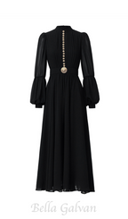 Flowering Girl Women Lantern sleeve silk midi dress in black