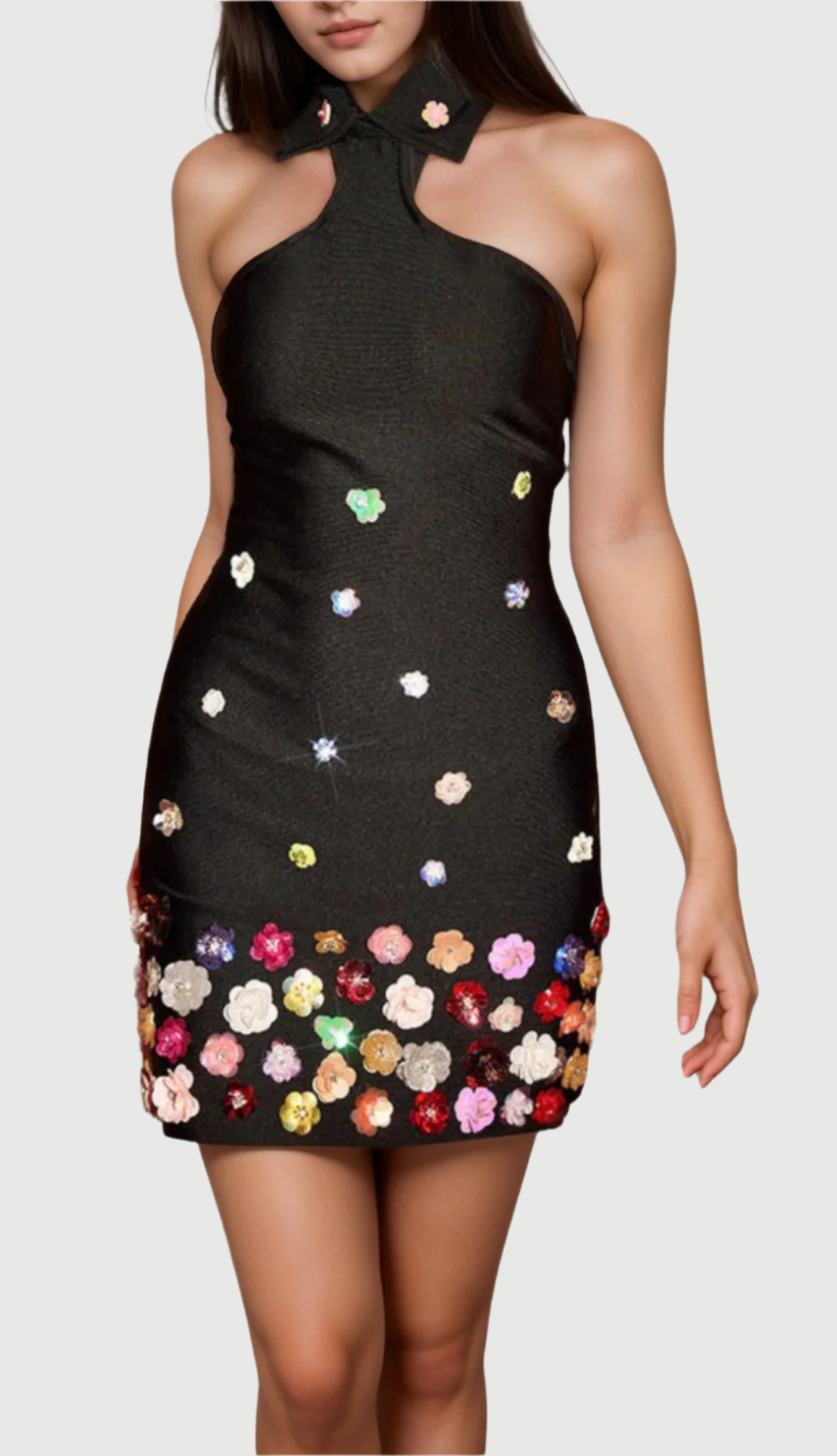 Flowering Girl Women Halter Embellished Flowers Mini Dress