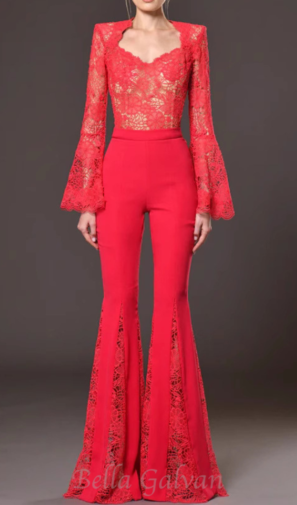 Flowering Girl Women lace-embellished trumpet sleeve jumpsuits in red