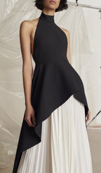 Bandage High Neck Pleated Peplum Maxi Dress