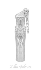 Flowering Girl Women Floral-appliqué sequin gown in silver