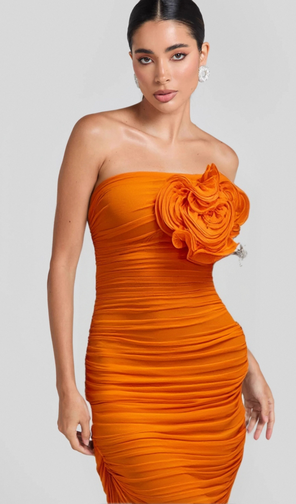 Flowering Girl Women ORANGE OPEN BACK RUCHED FLOWER BODYCON MAXI DRESS