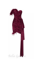 Flowering Girl Women burgundy feather embellished strapless mini dress