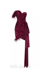 Flowering Girl Women burgundy feather embellished strapless mini dress
