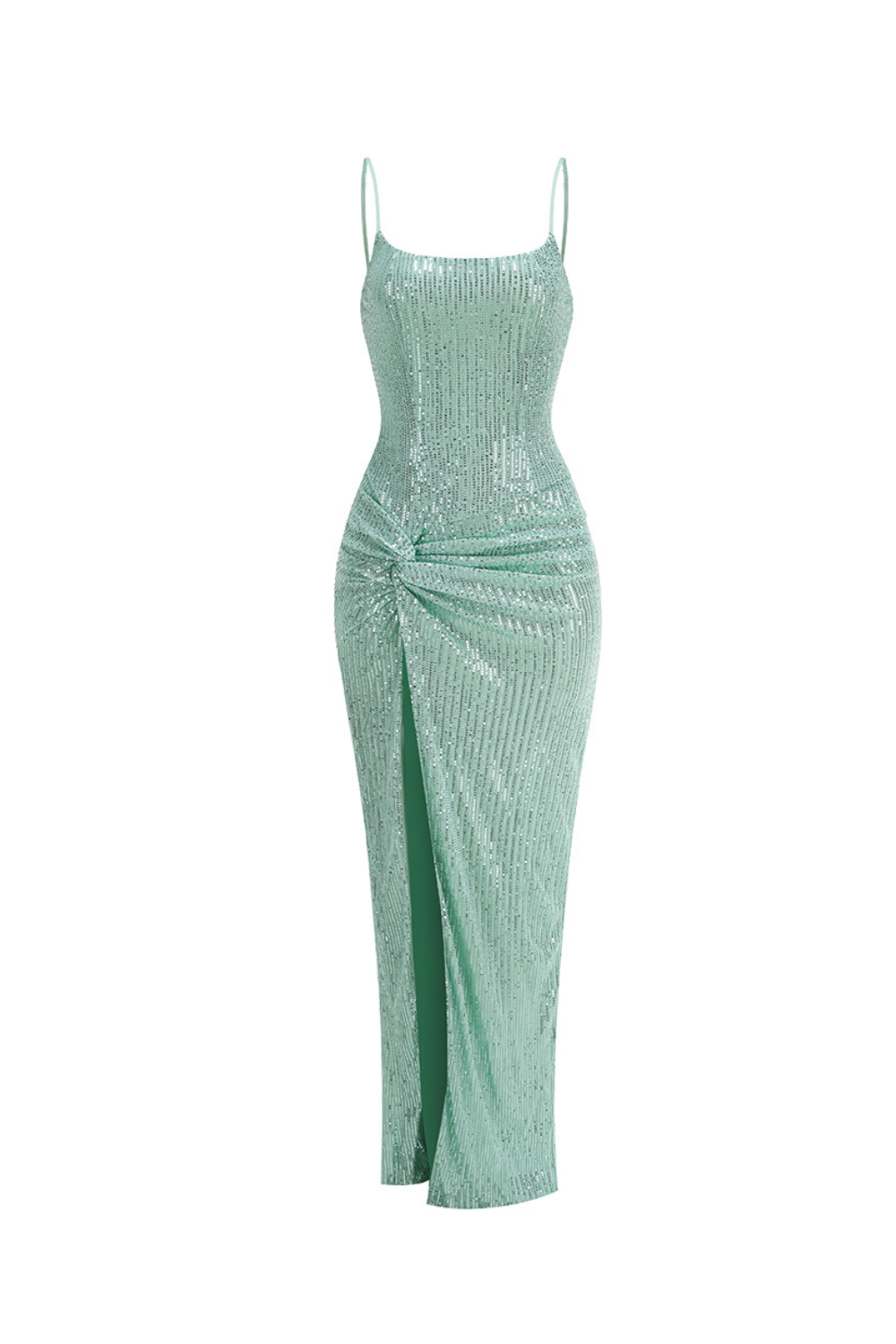 Flowering Girl Women sequin ruched high slit maxi dress in green