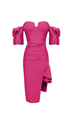 Flowering Girl Women Strapless Draped Sleeve Slits Bandage Dress In Rose Red