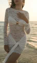 Flowering Girl Women Lace Draped Neckline Mini Dress