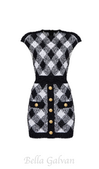 Flowering Girl Women button-embellished plaid texture mini dress