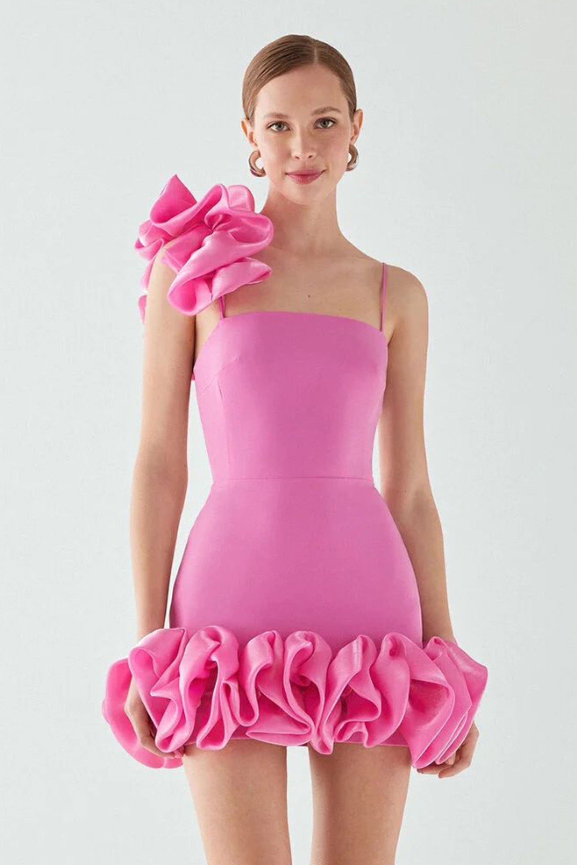 Flowering Girl Women Ruffle One Shoulder Mini Dresses In Pink