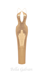 Flowering Girl Women sequin hollow bodycon maxi dress in gold