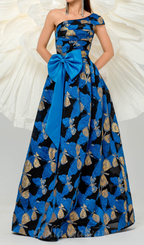 Flowering Girl Women Pleated Jacquard Bow Floral A-line Dress