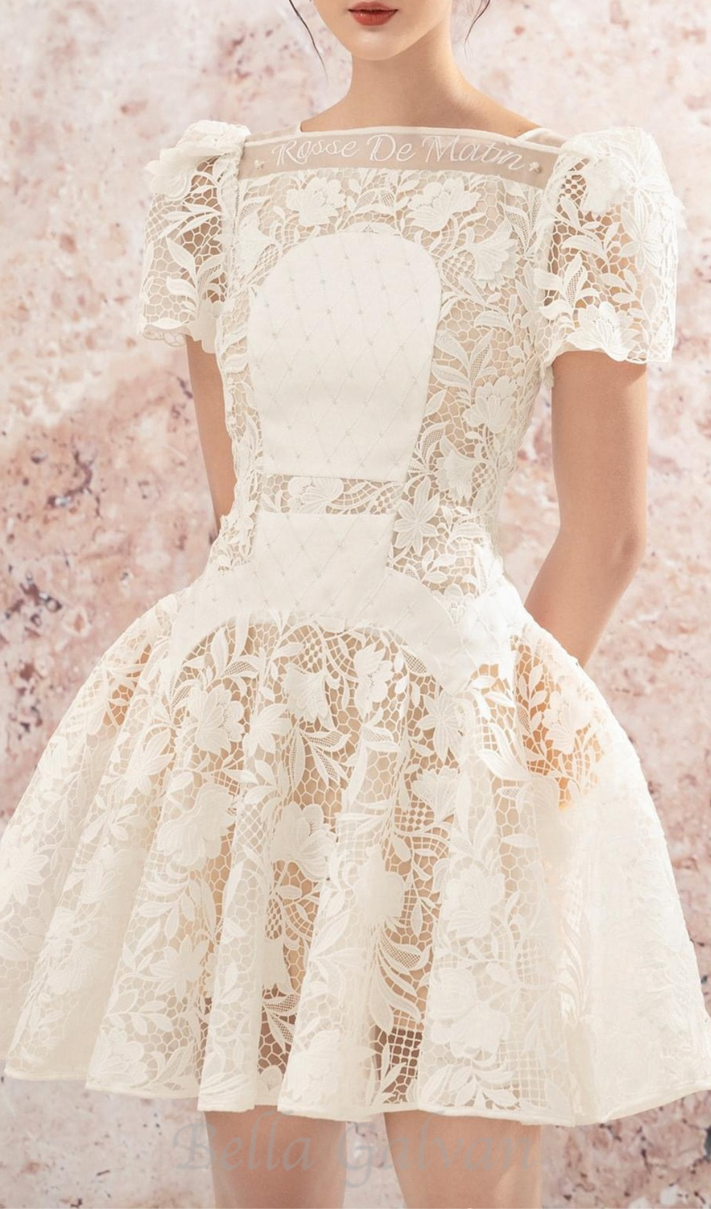 Flowering Girl Women rose sleeve lace hollow mini dress in white