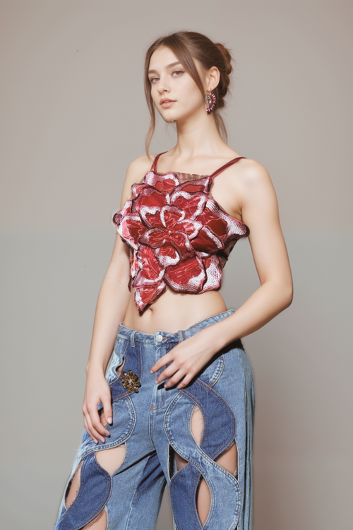 Flowering Girl Women Backless Lace Flower Top