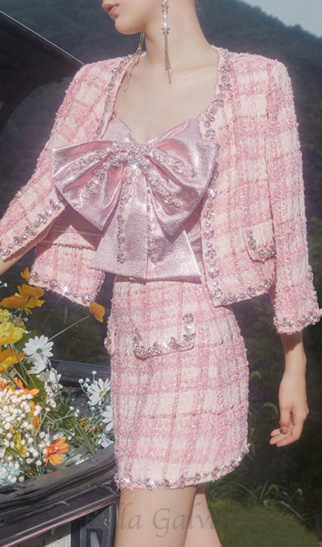 Flowering Girl Women bow rhinestone two-piece set in pink
