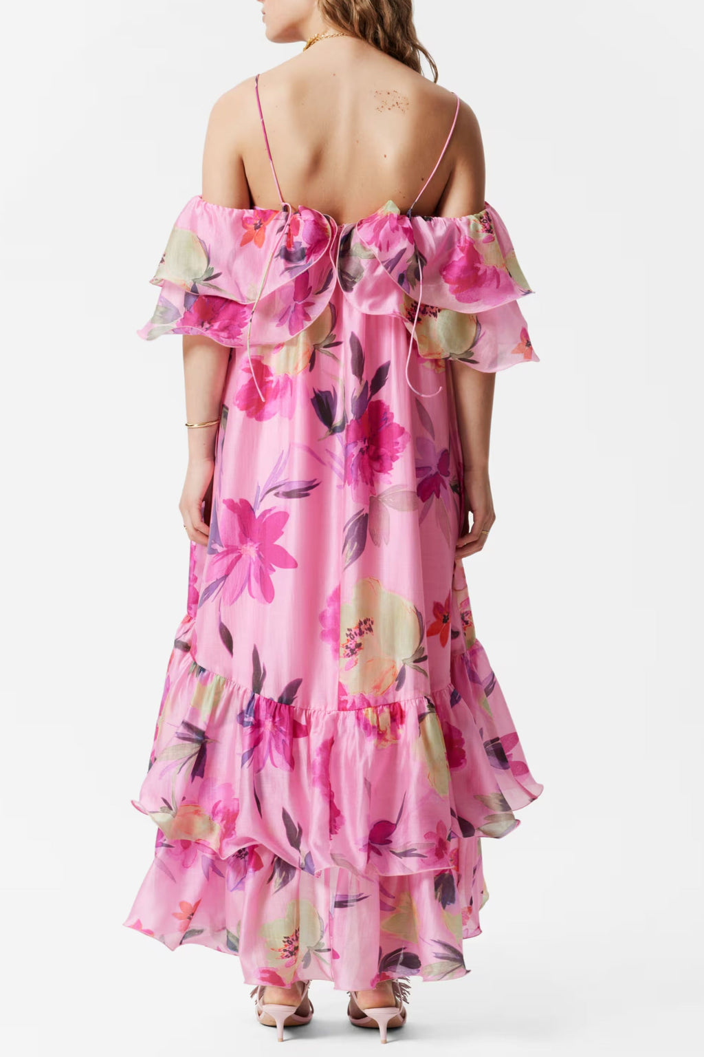 Flowering Girl Women Hedwig Off-Shoulder Floral Printed Ruffle Maxi Dress In Rose Red