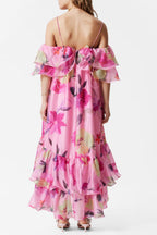 Flowering Girl Women Hedwig Off-Shoulder Floral Printed Ruffle Maxi Dress In Rose Red