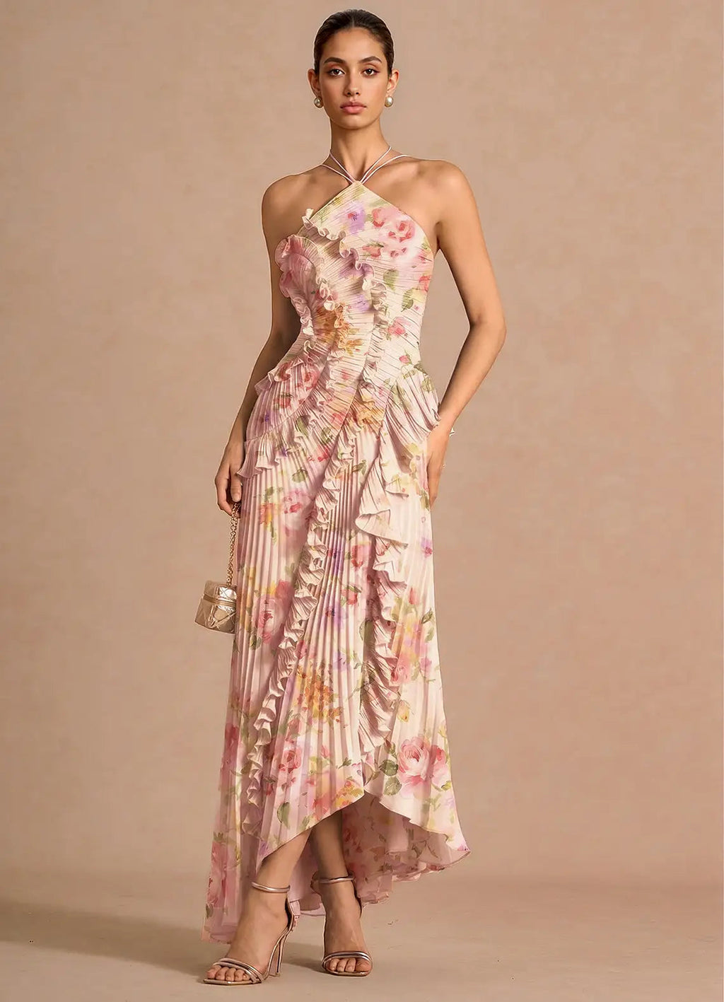marcia Bouquet Floral  ruffle trim pleated Maxi Dress