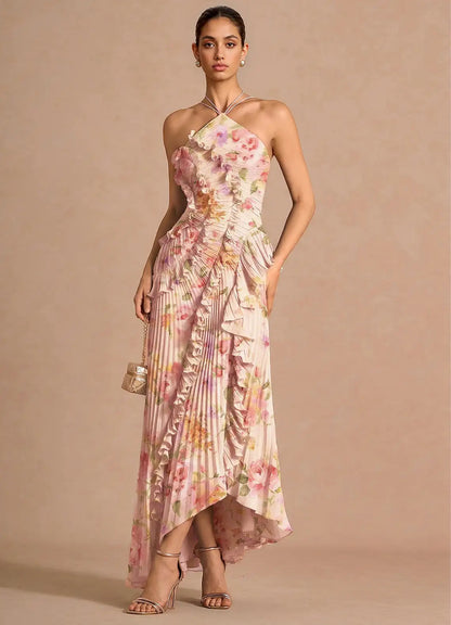 marcia Bouquet Floral  ruffle trim pleated Maxi Dress