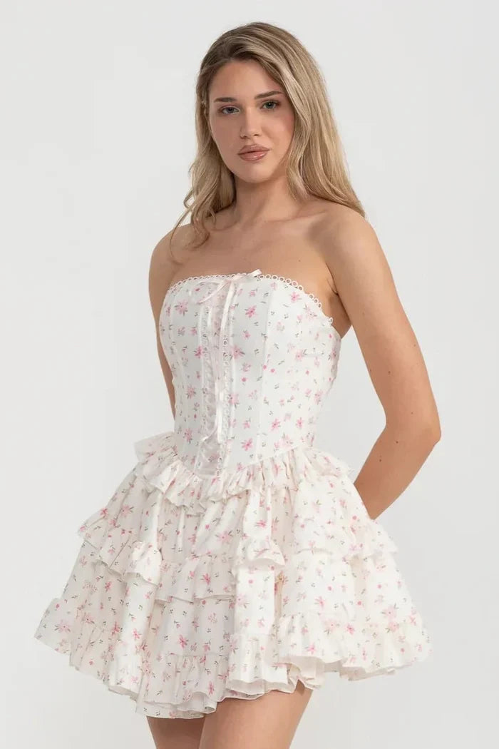 Flowering Girl Women Martha Ruffle Printed Strapless Mini Dress In Pink