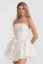 Flowering Girl Women Martha Ruffle Printed Strapless Mini Dress In Pink