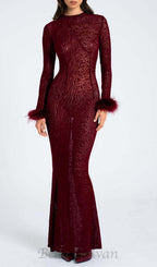 Flowering Girl Women burgundy mesh feather maxi dress