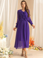 Flowering Girl Women three-dimensional flower v-neck purple chiffon maxi dress