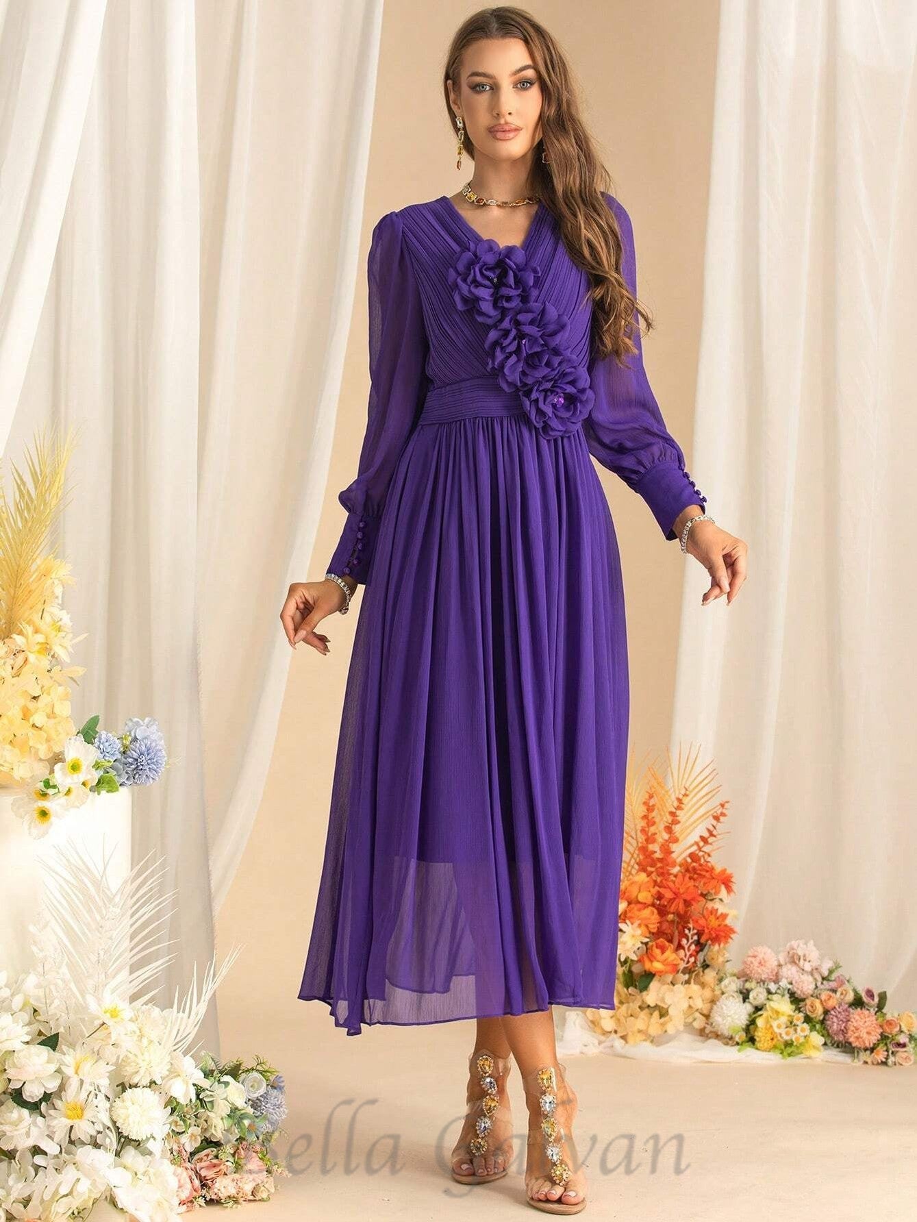 Flowering Girl Women three-dimensional flower v-neck purple chiffon maxi dress