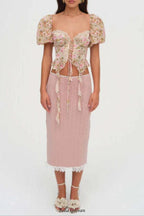 pink Tie-Drape Chiffon Shirt with Ruffled Puff Sleeves