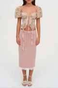 Flowering Girl Women Pink Tie-Drape Chiffon Shirt With Ruffled Puff Sleeves