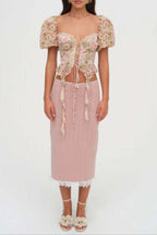 Flowering Girl Women Pink Tie-Drape Chiffon Shirt With Ruffled Puff Sleeves
