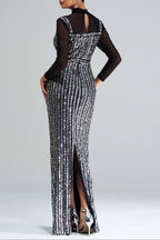 Flowering Girl Women Stand Collar Sequin Panel Long Sleeve Prom Dress