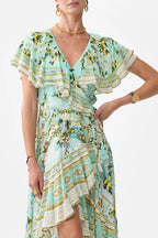 Flowering Girl Women Green-Multi Printed Ruffled V-Neck Irregular Hem Silk Maxi Dress