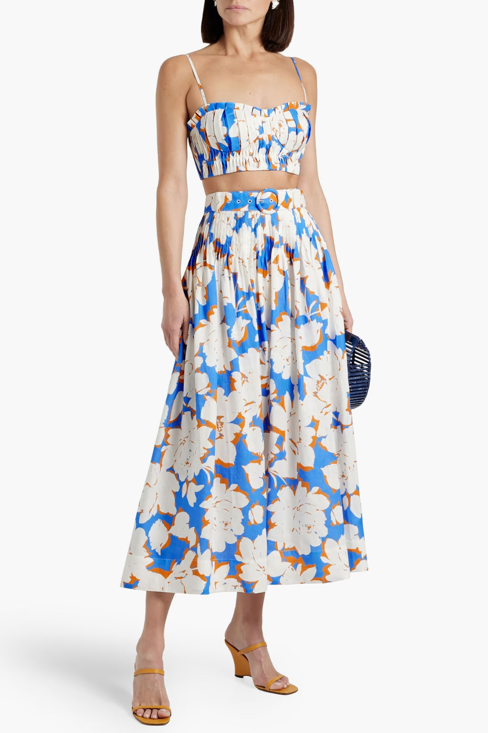 Flowering Girl Women Pleated Floral-Print Linen Bustier Top Skirt Set In Blue