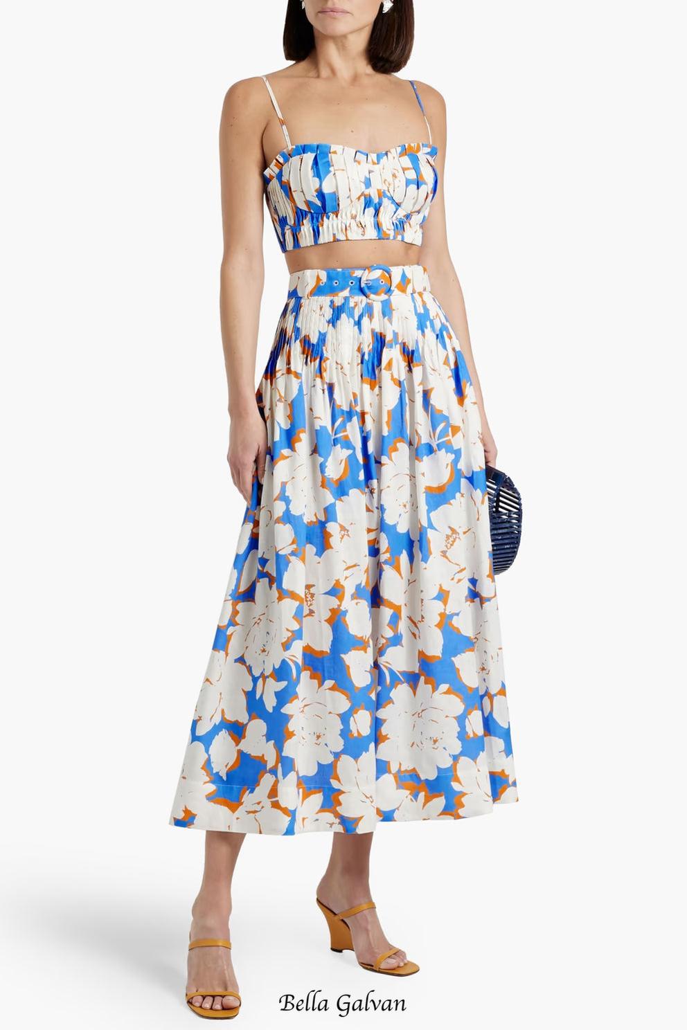 Pleated floral-print linen bustier top skirt set in blue