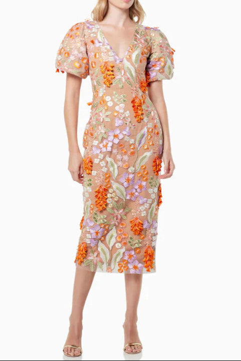 Flowering Girl Women Mesh Embroidered 3D Flower V-Neck Puff Sleeves Midi Dress In Orange