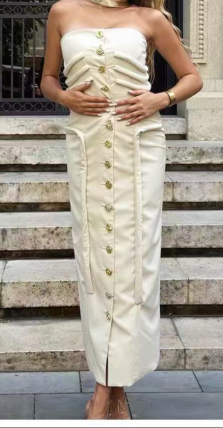 Strapless Midi Dress With Sculptural Knotted Bodice Detail And Jewel Buttons - Cream