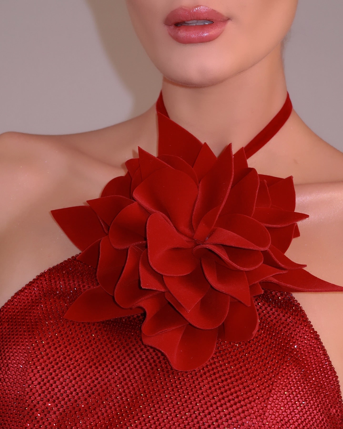 ursula 3d flower sequin halter maxi dress in red