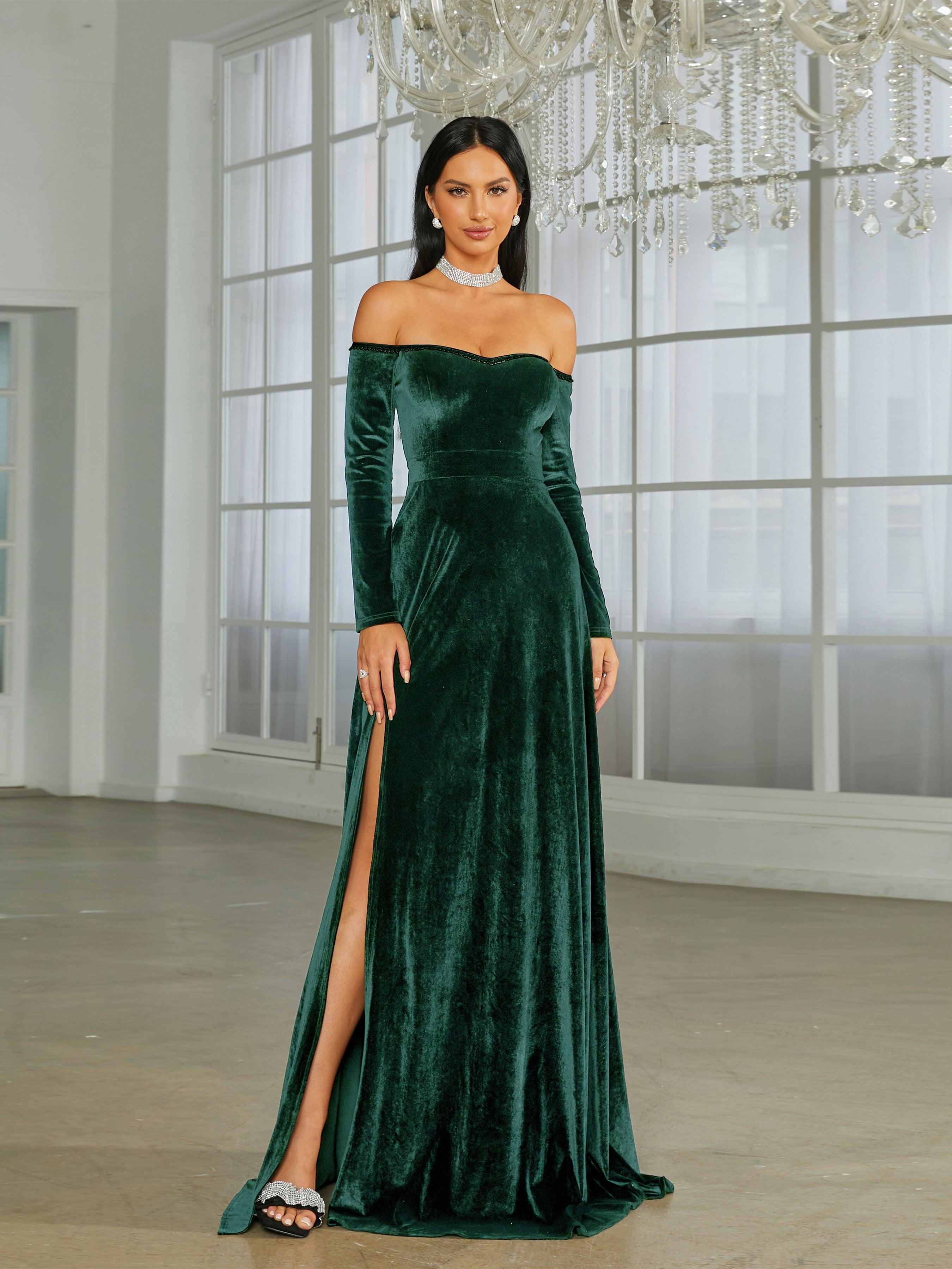 Flowering Girl Women Off Shoulder Split Black Velvet Evening Dress