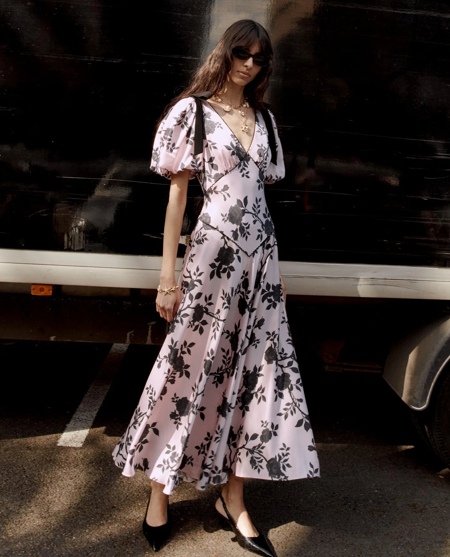 Flowering Girl Women v-Neck Satin Floral Midi Dress In Pink