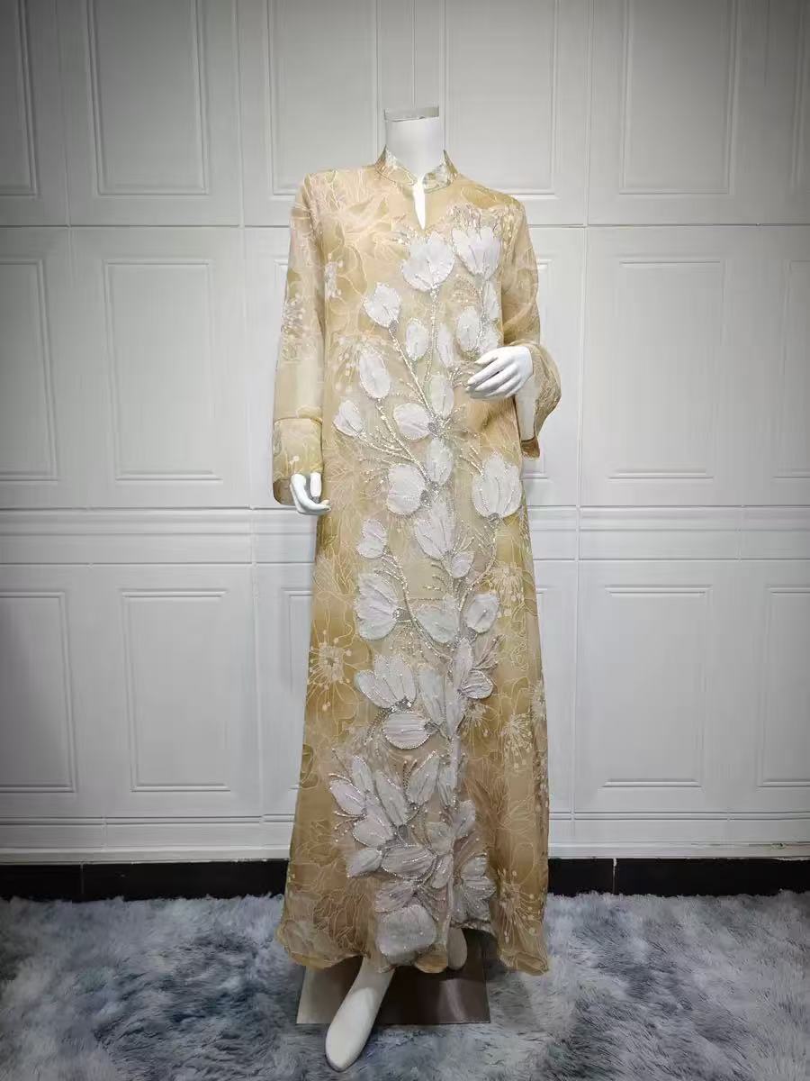Floral Embroidered Abaya-Style Maxi Dress