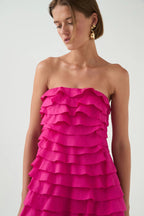 Cathy Pleated Layer Strapless Maxi Dress In Rose Red