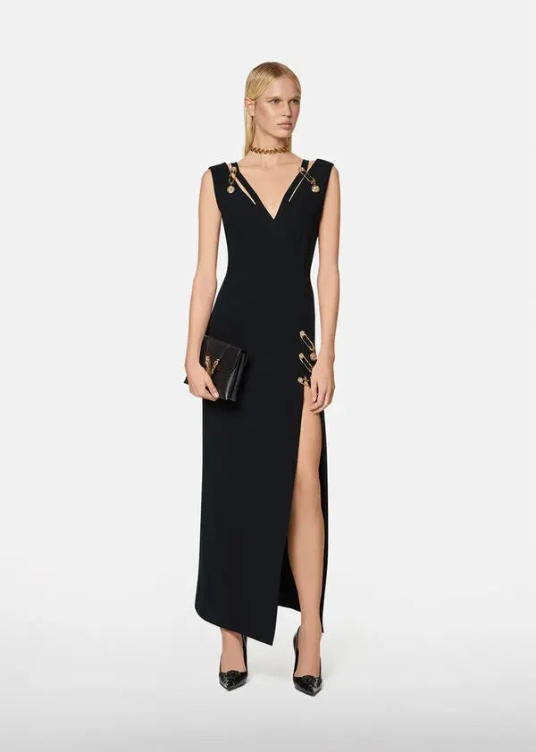 Flowering Girl Women v-neck Pin-embellished maxi Dress in black