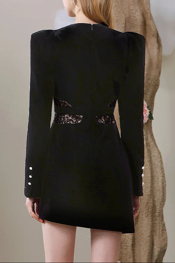 Quintina Black Lace V-Neck Asymmetry Mini Blazer Dress