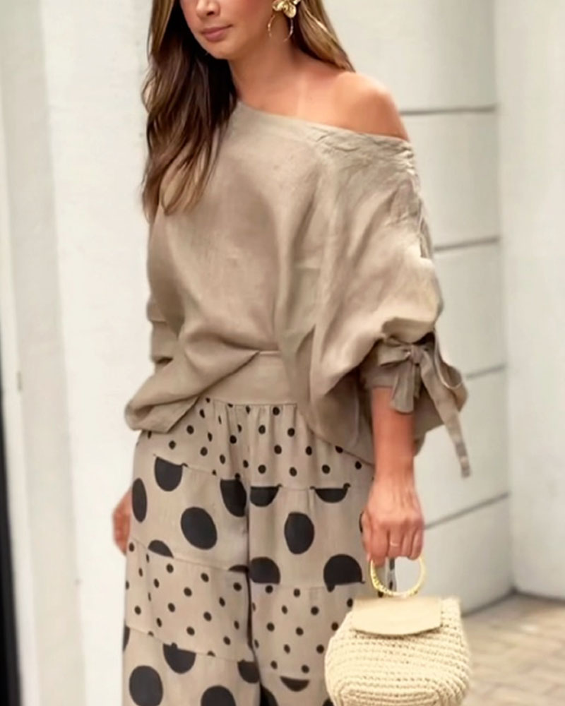 Flowering Girl Women Casual Shoulder Top & Printed Pants Two-Piece Set