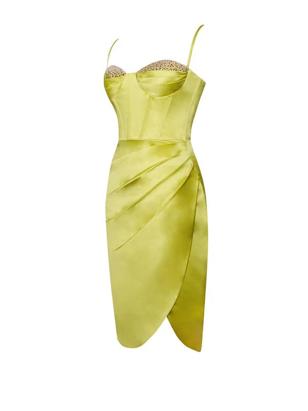 Flowering Girl Women Lemon Yellow Pleated Satin Mini Dress