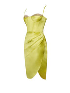 Flowering Girl Women Lemon Yellow Pleated Satin Mini Dress