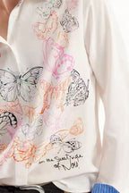 White Butterfly Print Button-Down Shirt with Striped Cuffs